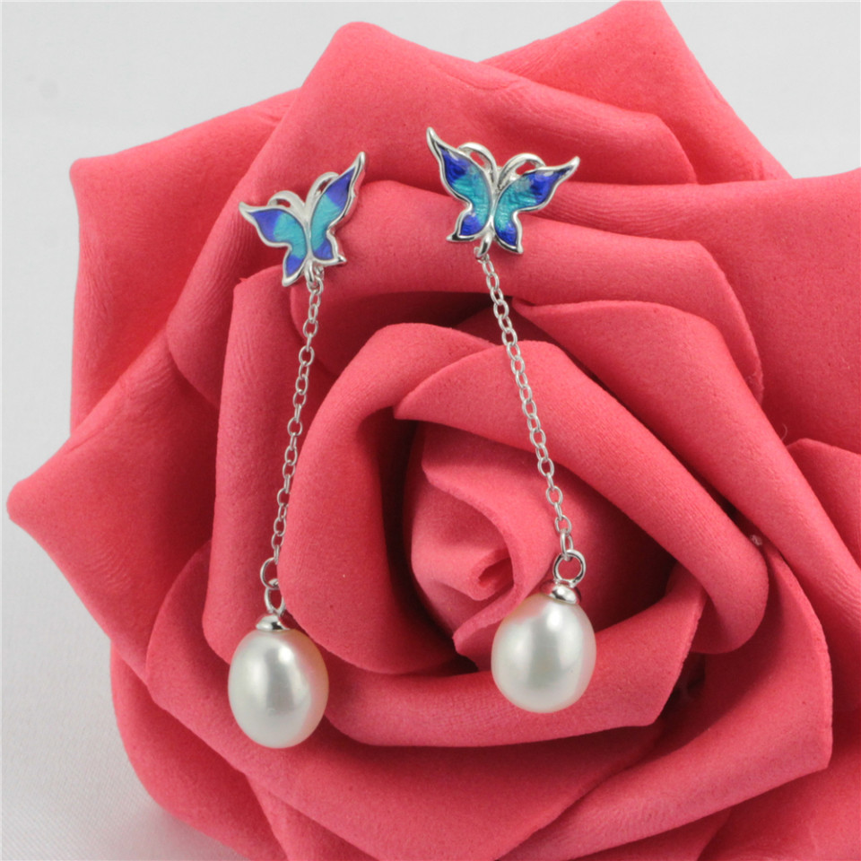 8mm 3A drop natural freshwater pearl earrings 925 silver